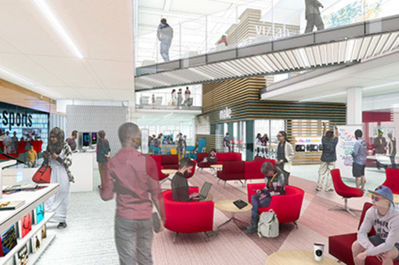 Rendering of a possible future library layout, including e-sports and a visualization laboratory (vizlab)